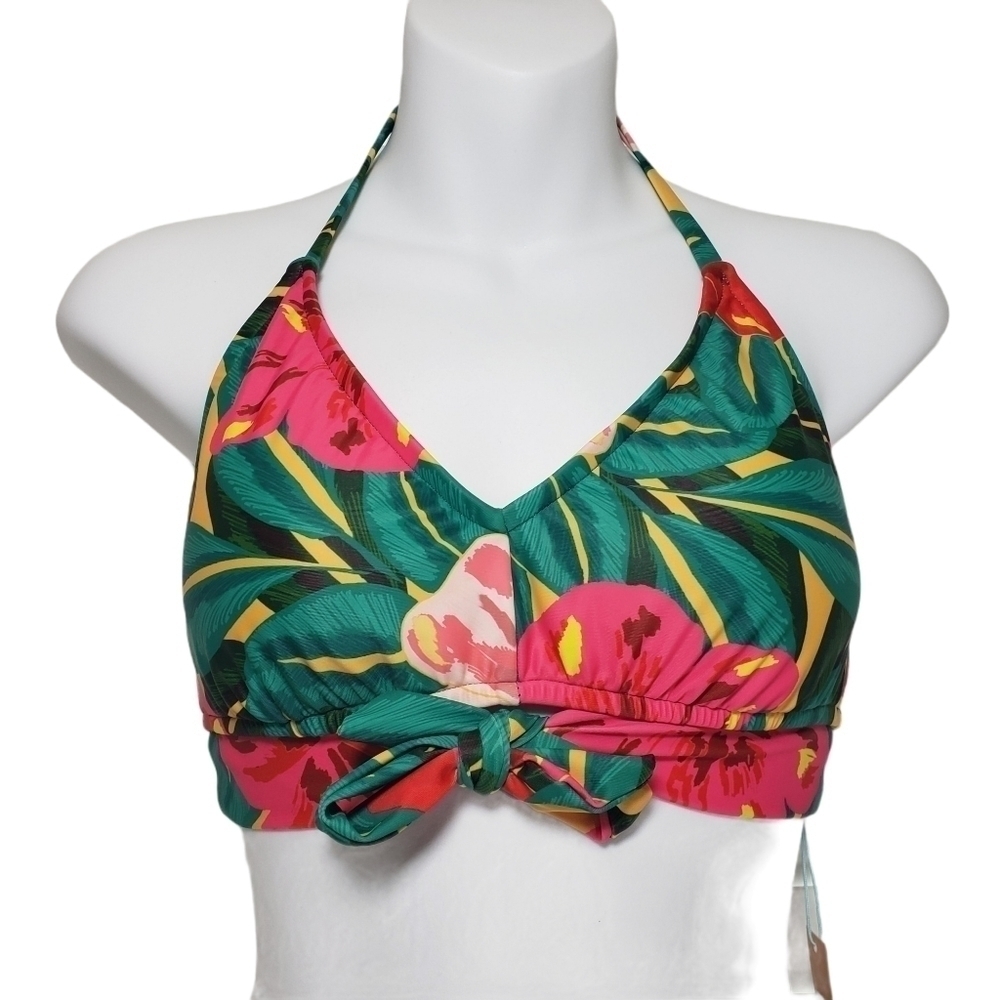 Kona Sol Multi-Color Green Floral Tie Front Bikini
